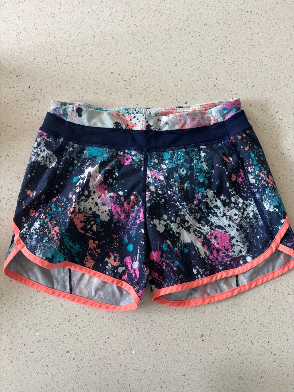 Ivivva Navy Splash-Print Athletic Shorts with Coral Trim